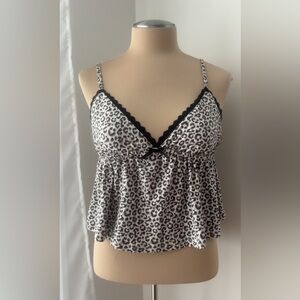 Leopard Print Lace Trim Cami Top - Black & White